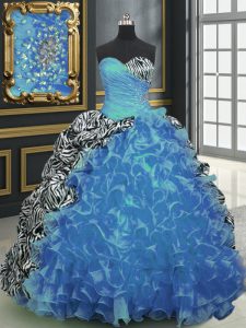 Colorful Printed Baby Blue Quinceanera Gown Military Ball and Sweet 16 and Quinceanera with Beading and Ruffles and Pattern Sweetheart Sleeveless Brush Train Lace Up