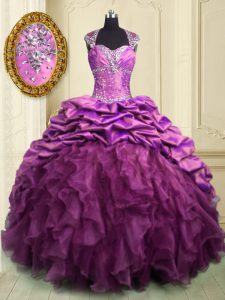 Pick Ups Ruffled With Train Ball Gowns Cap Sleeves Lilac Quinceanera Gowns Brush Train Lace Up