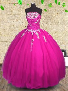 Strapless Sleeveless Quinceanera Gowns Floor Length Appliques and Ruching Fuchsia Tulle