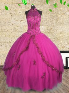 Best Selling Ball Gowns Sweet 16 Quinceanera Dress Fuchsia Halter Top Tulle Sleeveless Floor Length Lace Up