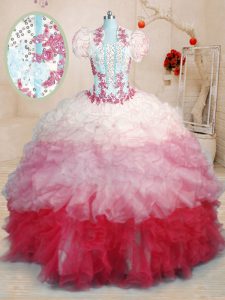 Sleeveless Brush Train Beading and Appliques and Ruffles Lace Up Vestidos de Quinceanera
