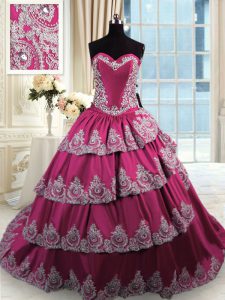 Sleeveless Taffeta With Train Court Train Lace Up Quinceanera Gowns in Fuchsia with Beading and Appliques and Ruffled Layers