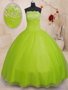 Admirable Strapless Sleeveless Tulle Quinceanera Dress Beading Lace Up