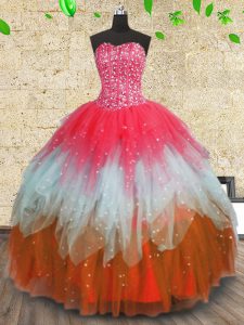 Sweetheart Sleeveless 15th Birthday Dress Floor Length Beading and Ruffles and Ruffled Layers Multi-color Tulle