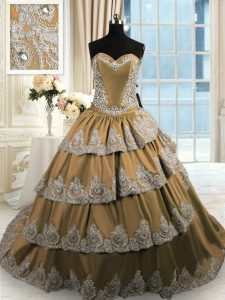 Attractive Brown Lace Up Sweetheart Beading and Appliques and Ruffled Layers Sweet 16 Dress Taffeta Sleeveless Court Train