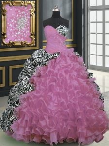 Dynamic Printed Rose Pink Sleeveless Brush Train Beading and Ruffles and Pattern With Train Sweet 16 Quinceanera Dress