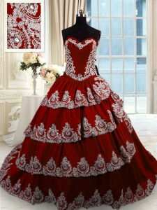 Wine Red Sleeveless Court Train Beading and Appliques and Ruffled Layers With Train Quinceanera Dress