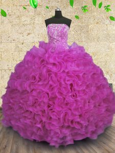 Fuchsia Organza Lace Up 15 Quinceanera Dress Sleeveless Floor Length Beading and Ruffles