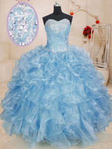 Sweetheart Sleeveless 15th Birthday Dress Floor Length Beading and Ruffles Blue Organza