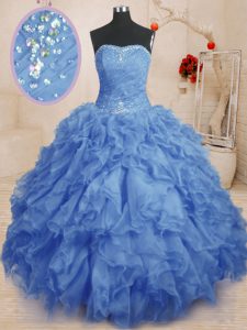 Organza Strapless Sleeveless Lace Up Beading and Ruffles and Ruching Sweet 16 Dresses in Blue
