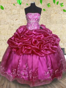 Fuchsia Ball Gowns Strapless Sleeveless Organza Floor Length Lace Up Beading and Embroidery and Pick Ups Sweet 16 Dress