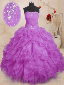 Purple Lace Up Sweet 16 Quinceanera Dress Beading and Ruffles and Ruching Sleeveless Floor Length