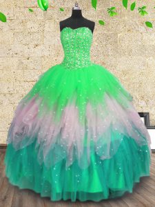 Hot Sale Multi-color Tulle Lace Up Sweetheart Sleeveless Floor Length Quinceanera Dress Beading and Ruffles and Sequins