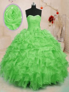 Flare Sweetheart Lace Up Beading and Ruffles and Hand Made Flower 15 Quinceanera Dress Sleeveless
