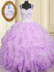 Excellent Lavender Ball Gowns Straps Sleeveless Organza Floor Length Zipper Beading and Ruffles Sweet 16 Dresses