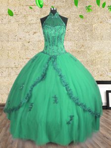 Sweet Halter Top Turquoise Sleeveless Tulle Lace Up Quinceanera Dress for Military Ball and Sweet 16 and Quinceanera