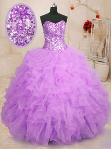 Super Lilac Sleeveless Floor Length Beading and Ruffles Lace Up Quinceanera Gowns