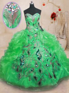 Decent Green Zipper Sweet 16 Dresses Beading and Appliques and Ruffles Sleeveless Floor Length