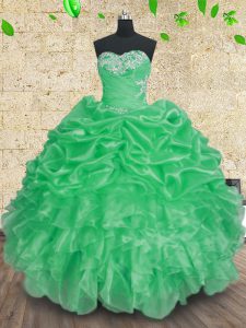 Modern Green Sweetheart Lace Up Beading and Appliques and Ruffles and Ruching Quinceanera Gown Sleeveless
