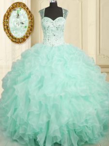 Aqua Blue Straps Zipper Beading and Ruffles Ball Gown Prom Dress Sleeveless
