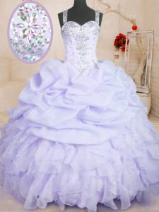 Clearance Lavender Organza Zipper 15 Quinceanera Dress Sleeveless Floor Length Beading and Ruffles and Pick Ups