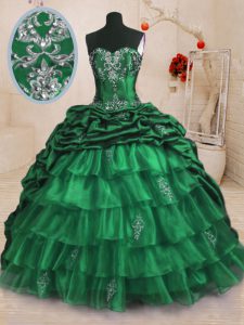 Sweetheart Sleeveless Organza and Taffeta 15th Birthday Dress Beading and Appliques and Ruffled Layers and Pick Ups Sweep Train Lace Up