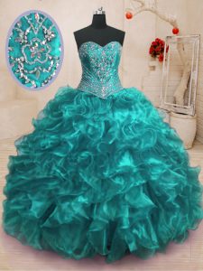 With Train Lace Up Vestidos de Quinceanera Teal for Military Ball and Sweet 16 and Quinceanera with Beading and Ruffles Sweep Train