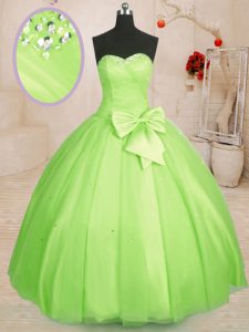 Sleeveless Tulle Floor Length Lace Up Ball Gown Prom Dress in Yellow Green with Beading and Bowknot