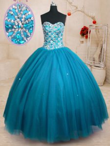 Sexy Teal Tulle Lace Up Sweet 16 Dress Sleeveless Floor Length Beading