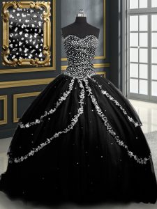 Black Ball Gowns Beading and Appliques Sweet 16 Dresses Lace Up Tulle Sleeveless With Train