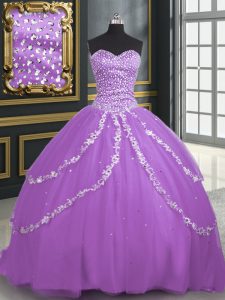 Suitable Lavender Ball Gowns Tulle Sweetheart Sleeveless Beading and Appliques With Train Lace Up 15 Quinceanera Dress Brush Train