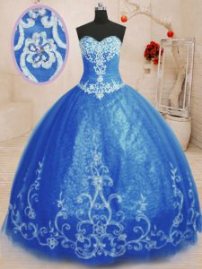 On Sale Blue Tulle Lace Up Sweet 16 Dress Sleeveless Floor Length Beading and Appliques