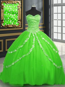 Tulle Lace Up Sweetheart Sleeveless With Train 15th Birthday Dress Brush Train Beading and Appliques