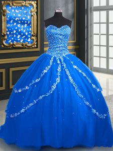 Sweetheart Sleeveless Brush Train Lace Up Quince Ball Gowns Blue Tulle