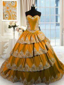 Nice Ruffled With Train Brown 15 Quinceanera Dress Sweetheart Sleeveless Court Train Lace Up