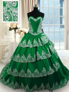 Fantastic Sleeveless Taffeta With Train Court Train Lace Up Sweet 16 Quinceanera Dress in Dark Green with Beading and Appliques and Ruffled Layers