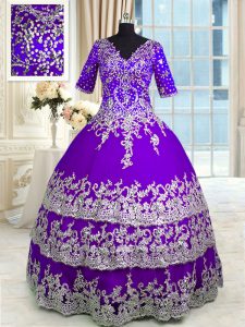 Free and Easy Half Sleeves Zipper Floor Length Beading and Appliques and Ruffled Layers Sweet 16 Quinceanera Dress