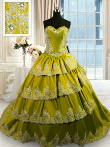 Sweetheart Sleeveless Taffeta 15 Quinceanera Dress Beading and Appliques and Ruffled Layers Court Train Lace Up
