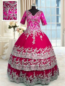 Elegant Red and Hot Pink Satin and Tulle Zipper V-neck Half Sleeves Floor Length Ball Gown Prom Dress Beading and Appliques and Ruffled Layers