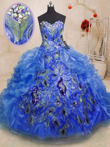 Sophisticated Blue Sleeveless Floor Length Beading and Appliques and Ruffles Zipper Sweet 16 Dress