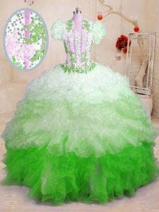 With Train Multi-color Sweet 16 Quinceanera Dress Organza Brush Train Sleeveless Beading and Appliques and Ruffles