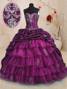 Custom Design Organza and Taffeta Sweetheart Sleeveless Sweep Train Lace Up Beading and Appliques and Ruffles and Pick Ups Quinceanera Dresses in Purple