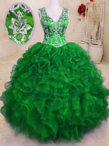 Pretty V-neck Sleeveless Organza 15 Quinceanera Dress Beading and Embroidery and Ruffles Zipper