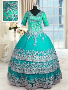 Free and Easy Turquoise Half Sleeves Floor Length Beading and Lace and Appliques and Ruffled Layers Zipper Vestidos de Quinceanera