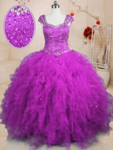 Romantic Beading and Ruffles Vestidos de Quinceanera Purple Lace Up Cap Sleeves Floor Length