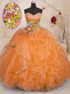 Sleeveless Floor Length Beading and Ruffles Lace Up 15th Birthday Dress with Orange