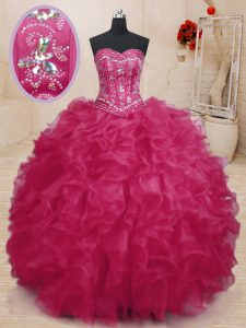 Coral Red Sleeveless Organza Lace Up Quinceanera Gown for Military Ball and Sweet 16 and Quinceanera