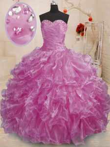 Fashionable Lilac Organza Lace Up Sweetheart Sleeveless Floor Length Quinceanera Dress Beading and Ruffles