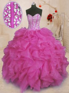 Nice Floor Length Lace Up Ball Gown Prom Dress Fuchsia for Military Ball and Sweet 16 and Quinceanera with Beading and Ruffles