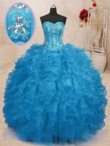 Sleeveless Organza Floor Length Lace Up 15 Quinceanera Dress in Baby Blue with Beading and Ruffles